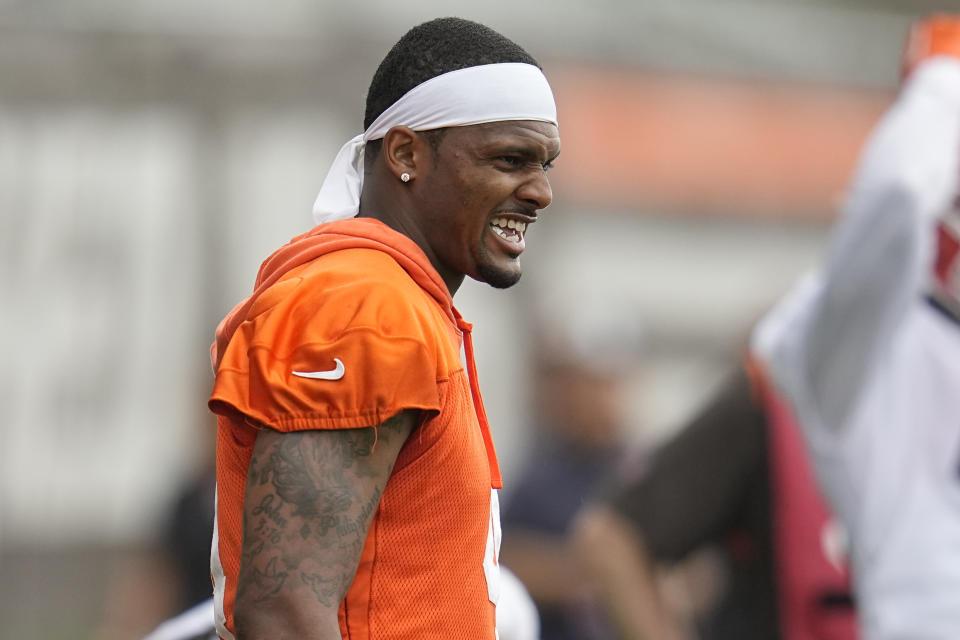 Cleveland Browns quarterback Deshaun Watson watches during NFL football practice in Berea, Ohio, Wednesday, May 22, 2024. (AP Photo/Sue Ogrocki)