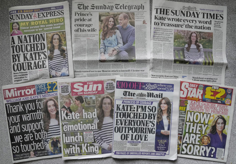 FILE - A montage of the front pages of some of Britain's Sunday newspapers pictured in London, March 24, 2024. Support has poured in from around the world for Kate, the Princess of Wales, after she revealed in a candid video message that she is undergoing chemotherapy for cancer following major abdominal surgery. (AP Photo/Alastair Grant, File)