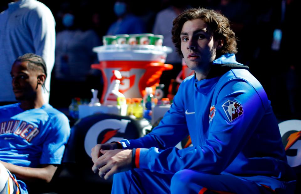 Thunder rookie Josh Giddey waits to introduced before Saturday's game against Cleveland, one of OKC's eight losses in nine games this month.