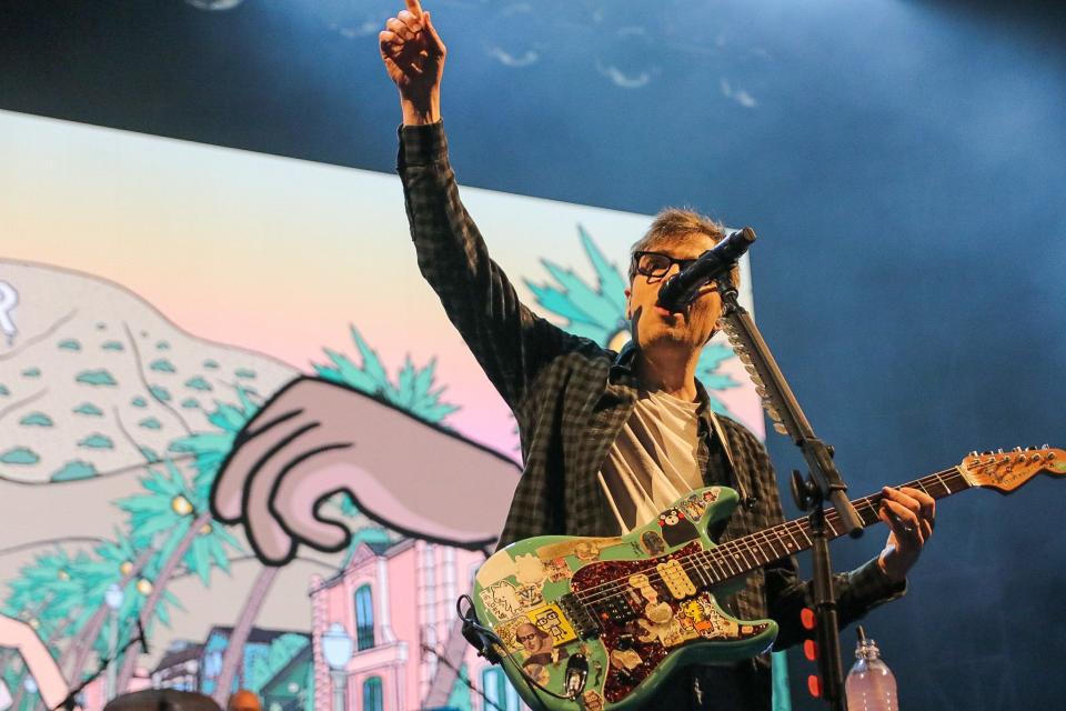 Weezer frontman Rivers Cuomo sings on the Palladium's outdoor stage.