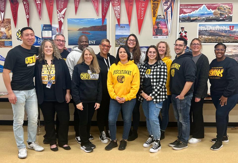 Piscataway High School Counseling Department works as a team to help students through a wide variety of challenges. From left are Mark Kiang, Nicole Martelli, Brian Wischusen, Rodney West, Jill Fraticelli, Stephanie Rogers, Shirley Aviles, Nicole Duarte, Brielle Goldstein, Kelly Chilakos, Richard Brown, Theresa Edmondson, and Shar-Mekka Pernell. Not pictured is Patricia
Brewster.