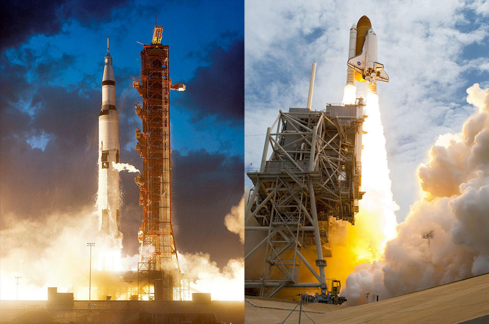 Prior to SpaceX's Falcon 9 arriving on the pad, the Apollo 4 Saturn V liftoff (left) and STS-135 space shuttle launch were the first and last to leave Pad 39A in 1967 and 2011, respectively. <cite>NASA/collectSPACE.com</cite>
