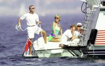 <p>A month before her tragic death, Princess Diana, her sons and her boyfriend, Dodi Al Fayed, sail in the clear waters of St. Tropez, France during a summer vacation. </p>