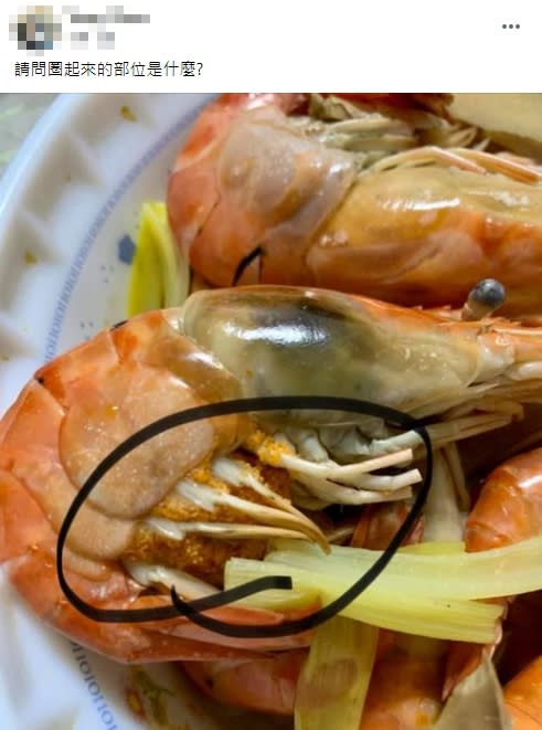 一名網友在煮熟的蝦子腳邊看到顆粒物，趕緊拍下詢問網友。（圖／東森新聞）