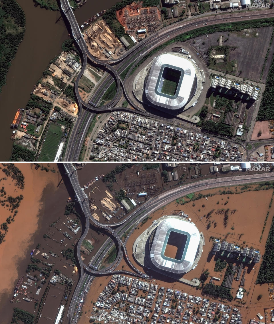 This combination of images released by Maxar Technologies shows the before and after views of flooding of areas around Gremio Arena, Porto Alegre, Brazil, May 7, 2024. (Satellite image ©2024 Maxar Technologies via AP)