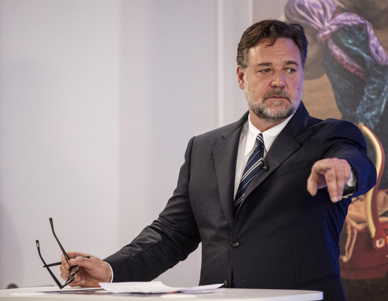 Russell Crowe speaks at the Global Slavery Index launch at the Shard in London.