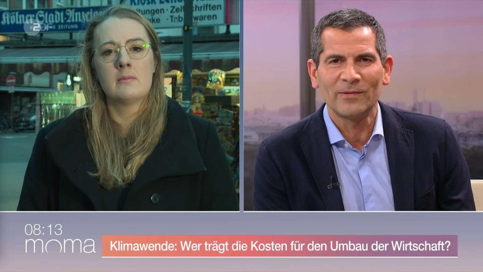 ZDF-"moma"-Moderator Mitri Sirin konfrontierte Dröge (Grüne) auch damit, dass Einkommensschwache in der Klimapolitik mitgenommen werden müssten. (Bild: ZDF)