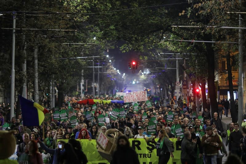 People march against widespread illegal logging and lack of policy response that has left two foresters dead earlier this year, in Bucharest