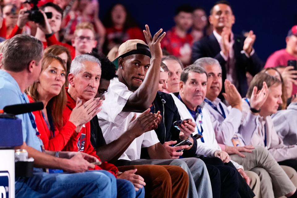 Jan 18, 2024; Boca Raton, Florida, USA; Miami Heat forward Jimmy Butler watches a game between the Florida Atlantic Owls and the Wichita State Shockers at Eleanor R. Baldwin Arena. Mandatory Credit: Rich Storry-USA TODAY Sports