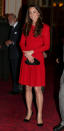 <p>During an arts reception at Buckingham Palace, Kate wore a vivd red Alexander McQueen dress with a bespoke Anya Hindmarsh clutch and black Prada pumps.</p><p><i>[Photo: PA]</i></p>