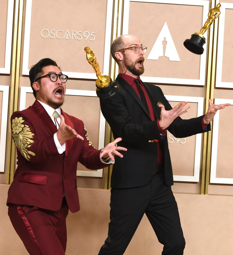 Daniel Kwan and Daniel Scheinert celebrate their win for "Everything, Everywhere All at Once" in the Press Room during the 95th Academy Awards at the Dolby Theatre in Hollywood on March 12.