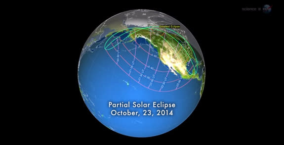 This NASA graphic shows the path of the partial solar eclipse of Oct. 23, 2014, as well as the region of visibility across North America and the Pacific Ocean.