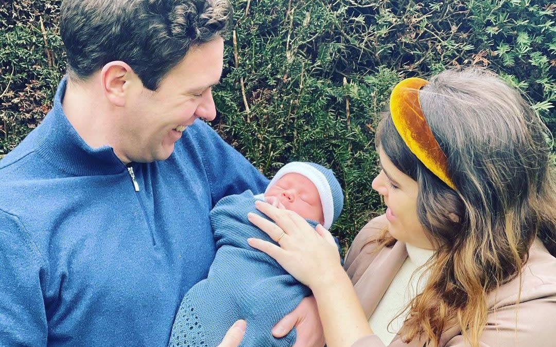 Princess Eugenie with husband Jack Brooksbank and their son August, who is the Queen's great-grandson