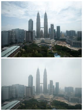 A combination picture shows Malaysia's landmark Petronas Twin Towers against an almost clear sky around 1 p.m on June 27, 2013 (top) and on a hazy day at around the same time on June 26, 2013. (Reuters)