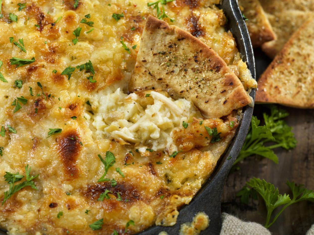Baked Artichoke and Asiago Cheese Dip with Crispy Pita Chips