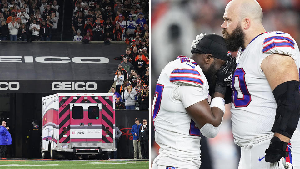 An ambulance takes Damar Hamilin, safety for the Buffalo Bills, to hospital as devastated teammate console one another. Pictures: Getty Images