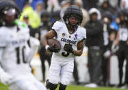 Colorado wide receiver Jimmy Horn Jr. runs after catching a pass during the first half of the team's spring NCAA college football game, Saturday, April 27, 2024, in Boulder, Colo. (AP Photo/David Zalubowski)