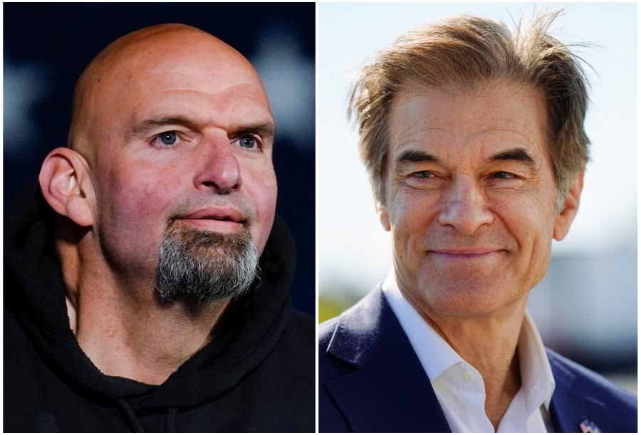 Pennsylvania Lt. Gov. John Fetterman, Democratic candidate for U.S. Senate, Oct. 8, 2022, in York, Pa., left, and Mehmet Oz, Republican candidate for U.S. Senate (AP Photo/Matt Rourke, File)