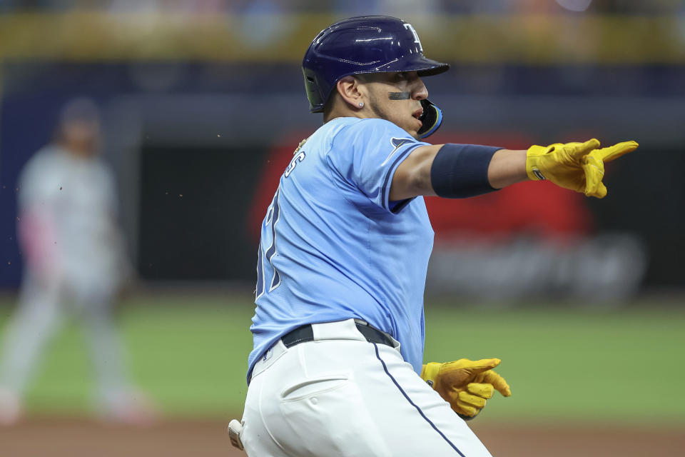 Tampa Bay Rays' Isaac Paredes celebrates after his home run against the Washington Nationals during the second inning of a baseball game Sunday, June 30, 2024, in St. Petersburg, Fla. (AP Photo/Mike Carlson)