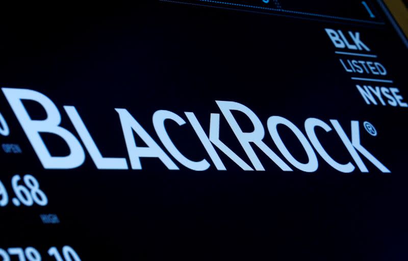 FILE PHOTO: The company logo and trading information for BlackRock is displayed on a screen on the floor of the NYSE