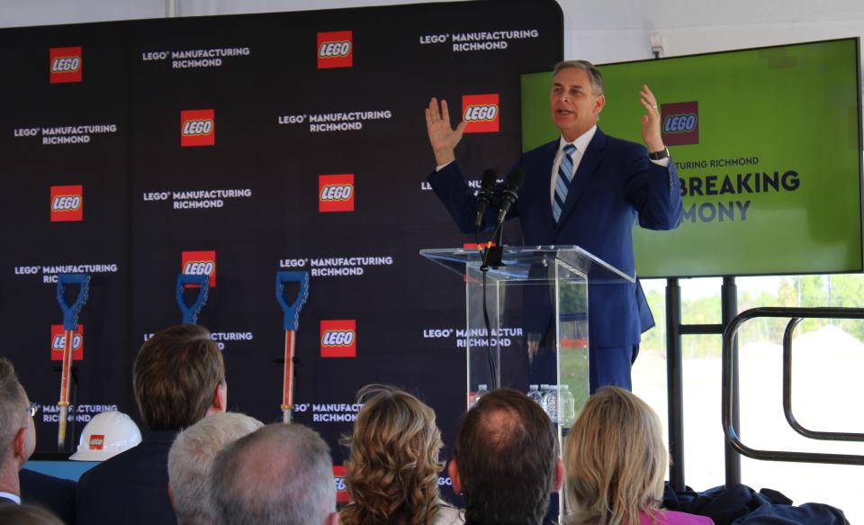 Jay Timmons, President and CEO of the National Association of Manufacturers, speaks to attendees at the LEGO Manufacturing Richmond groundbreaking in Chester on April 13, 2023.