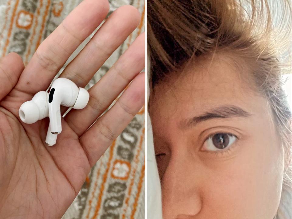 Airpods in the author's hand (L) The author's face after a sleepless night (R)