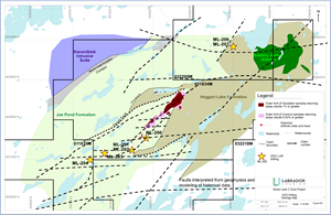 Completed drilling and updated targets for the Moran Lake C Zone with bedrock geology underlay.  Geology taken from Crosshair assessment report (Steele, L. and Fox, D, 2012).