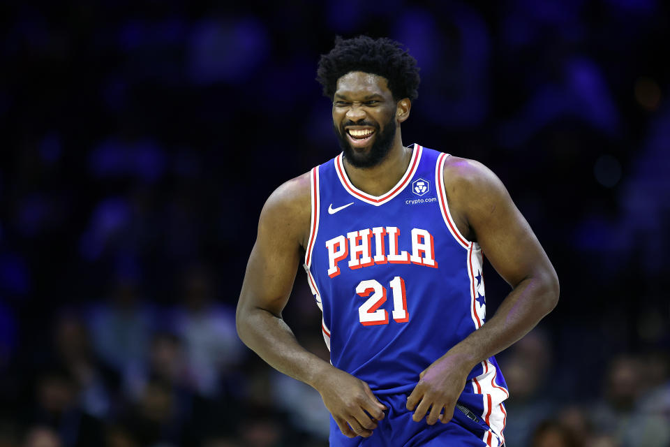 Philadelphia 76ers center Joel Embiid smiles during a game against the Toronto Raptors at the Wells Fargo Center in Philadelphia, on Nov. 2, 2023. (Photo by Tim Nwachukwu/Getty Images)