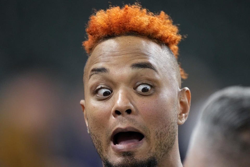 Houston Astros catcher Martin Maldonado is interviewed ahead of Game 2 of baseball's World Series between the Houston Astros and the Philadelphia Phillies on Saturday, Oct. 29, 2022, in Houston. (AP Photo/David J. Phillip)