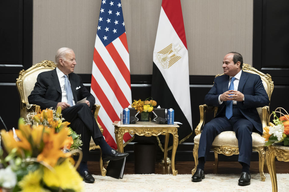 President Joe Biden speaks during a meeting with Egyptian President Abdel Fattah el-Sisi at the COP27 U.N. Climate Summit, Friday, Nov. 11, 2022, at Sharm el-Sheikh, Egypt. (AP Photo/Alex Brandon)