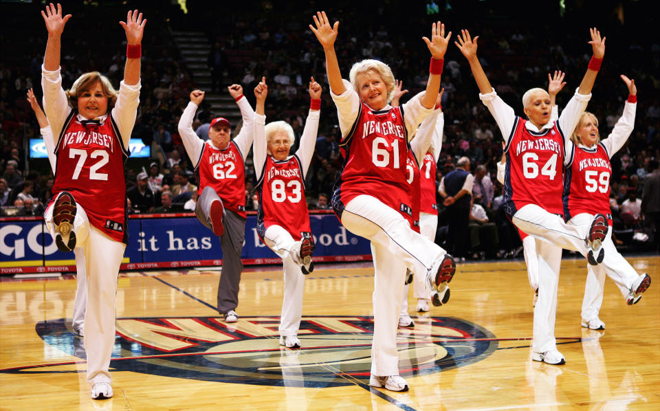 The New Jersey Nets Senior Dancers make their debut at the Continental Airlines Arena during a home game against the Detroit Pistons in 2007. | Linda Cataffo—NY Daily News Archive via Getty Images