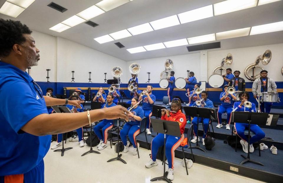Florida Memorial University’s The ROAR Marching Band practices on Friday, June 9, 2023, in Miami Gardens, Florida.