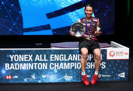 Badminton - Yonex All England Open Badminton Championships - Arena Birmingham, Birmingham, Britain - March 18, 2018 Taiwan's Tai Tzu Ying celebrates with the trophy after victory in the women's singles final Action Images via Reuters/Peter Cziborra