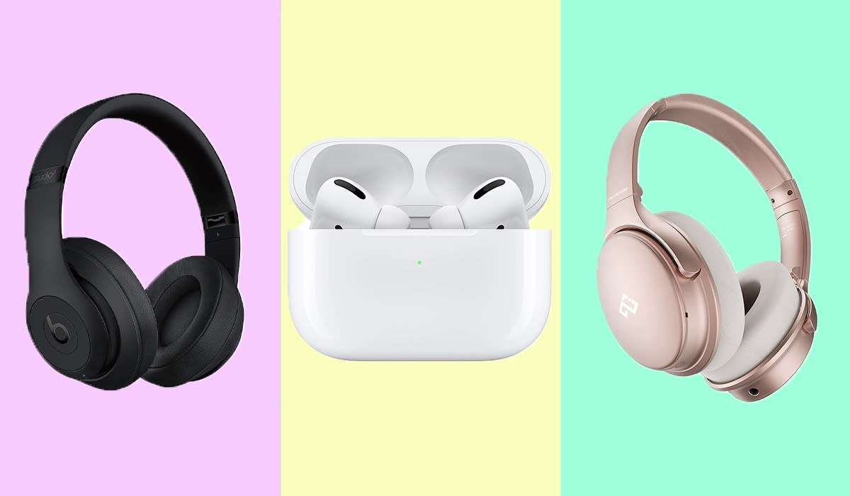 Left to right: Black over-ear headphones, white earbuds, rose gold headphones