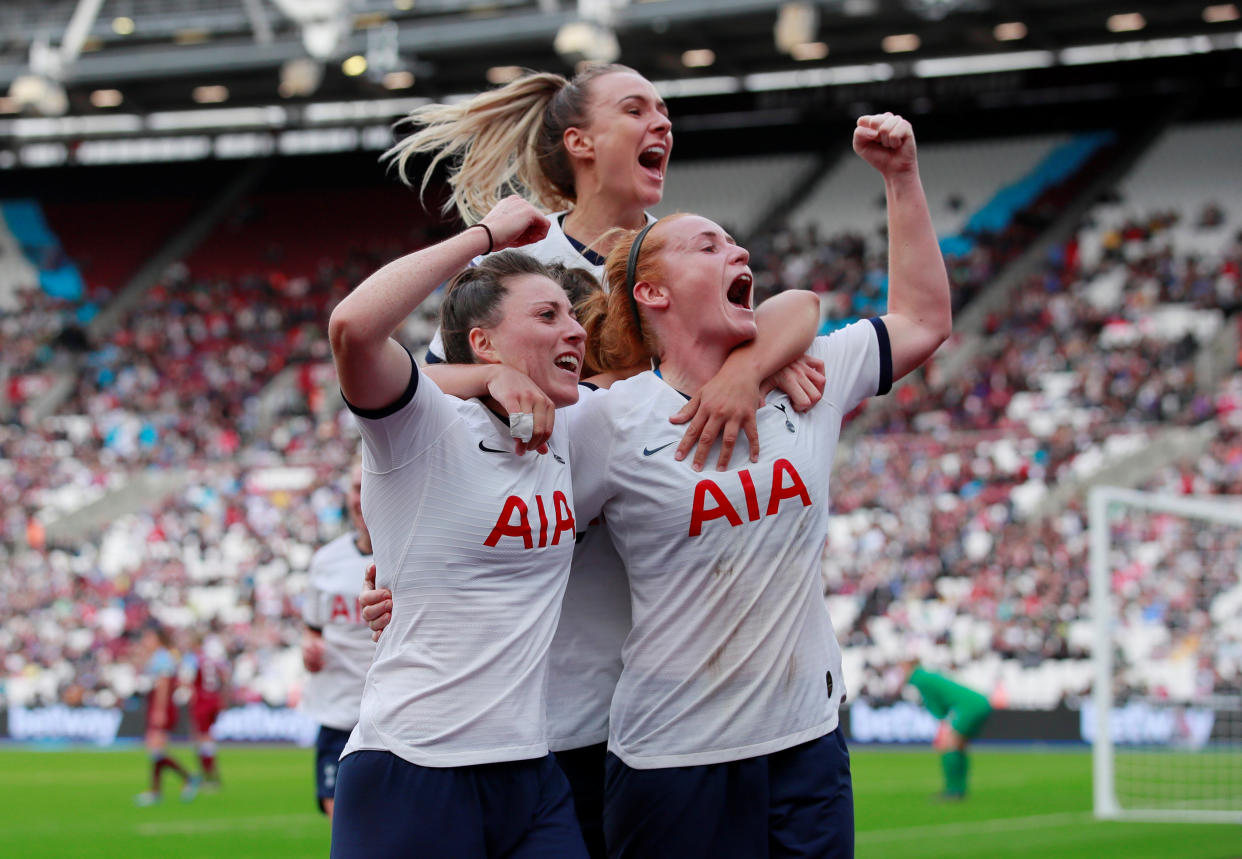 Tottenham Hotspur's Lucy Quinn celebrates scoring their second goal with team mates at the London Stadium   Action Images via Reuters/Andrew Couldridge