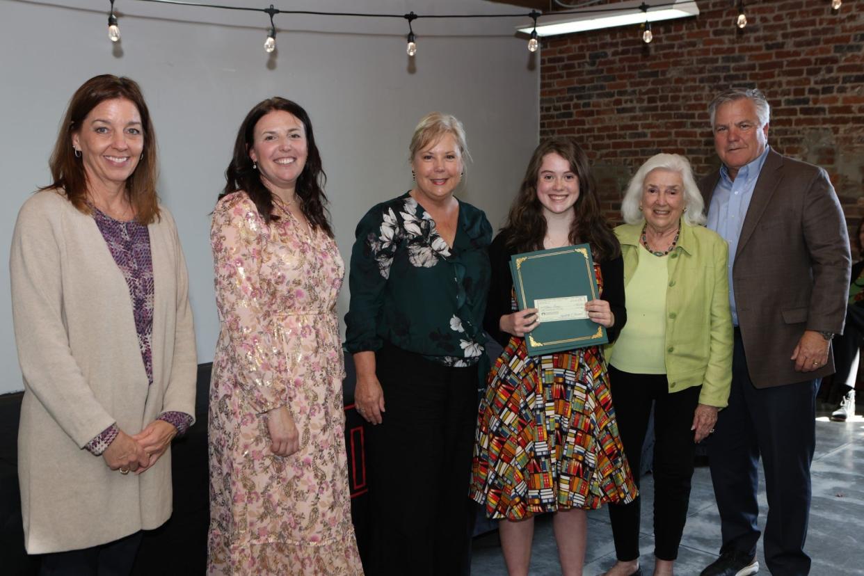 (From left) Christi Bostic of Gaston County Schools, Ali Pizza of the Gaston County Museum, Charmagne Judson, Ellory Lamp - winner of the Pinnix Award, and Beverly and Ron Pantuso of Pinnix Inc.