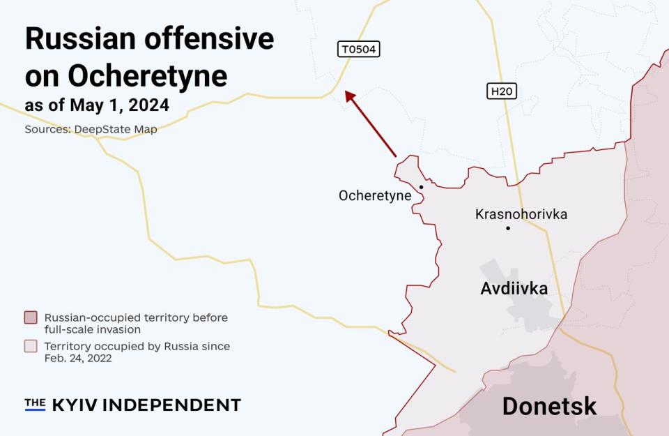 The infographic shows the Russian offensive on Ocheretyne as of May 1, 2024. (Lisa Kukharska / The Kyiv Independent)