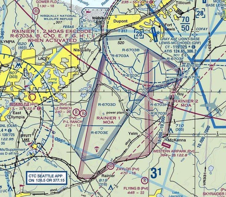 This map shows places in Thurston and Pierce counties where general aviation traffic is restricted.