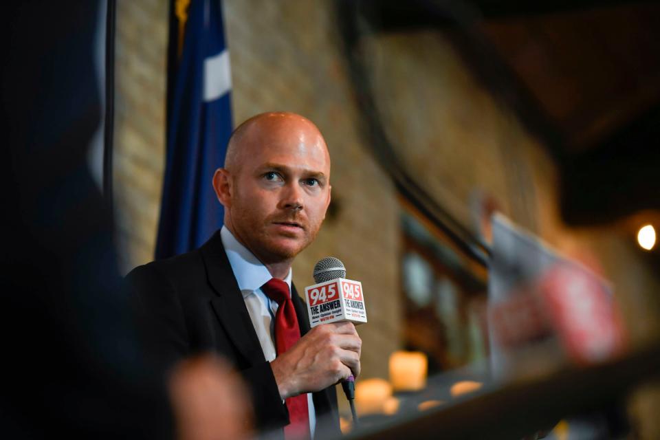 South Carolina Congressman William Timmons answers questions during Washington Night hosted by Fourth District Republican Club at Historic Greer Depot in Greer, S.C., on Wednesday, Aug. 10, 2023.