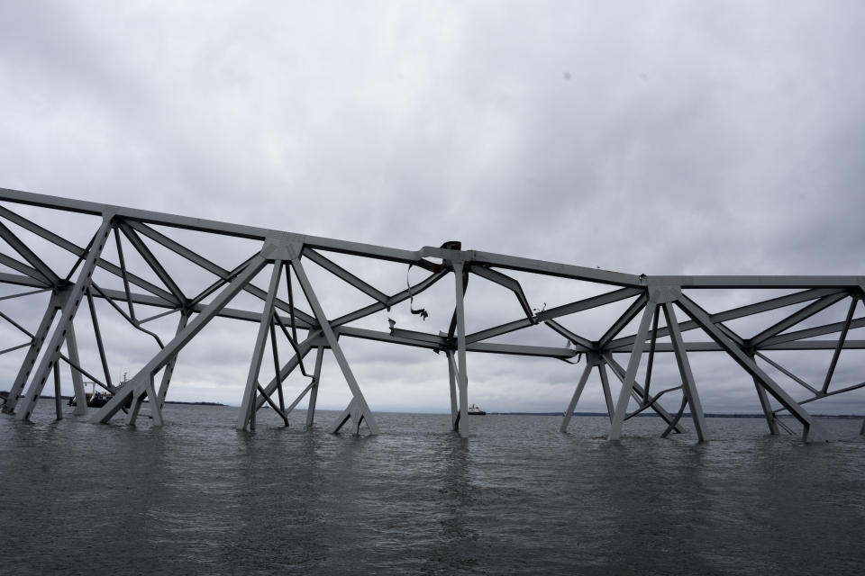 A section of the collapsed Francis Scott Key Bridge is seen in the Baltimore port, Monday, April 1, 2024. (Kaitlin Newman/The Baltimore Banner via AP)