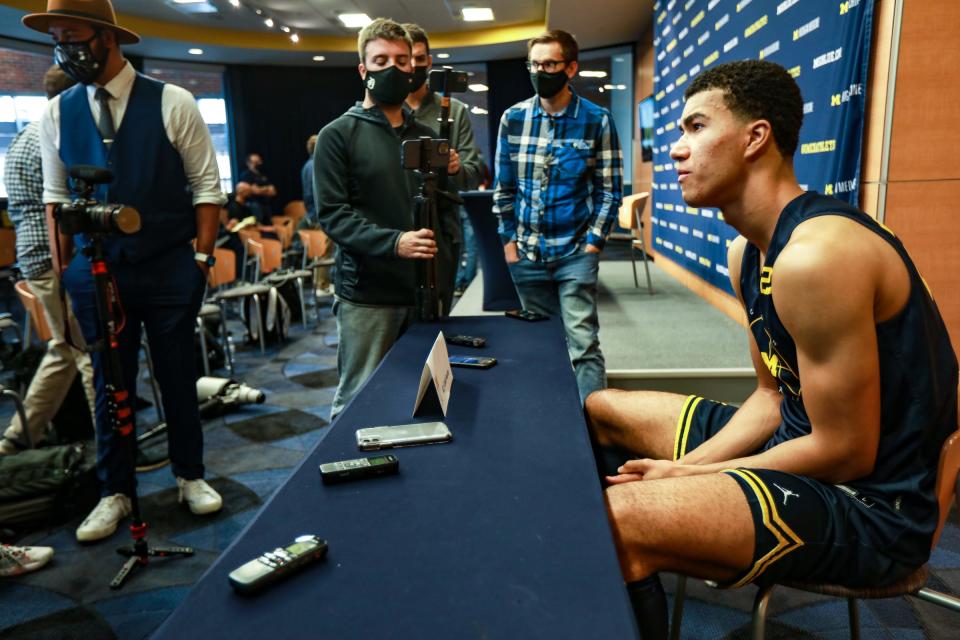 Michigan basketball forward Caleb Houstan is interviewed during media day Friday, Oct. 15, 2021 at Crisler Center in Ann Arbor.