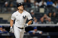 New York Yankees designated hitter Giancarlo Stanton reacts flying out to right field during the fifth inning of a baseball game against the Kansas City Royals, Wednesday, June 23, 2021, at Yankee Stadium in New York. (AP Photo/Kathy Willens)