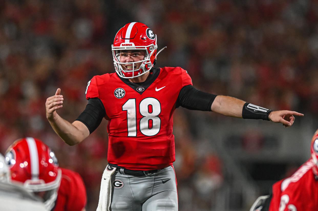 Georgia quarterback JT Daniels has a great matchup this weekend against a stout Arkansas defense. (Photo by John Adams/Icon Sportswire via Getty Images)