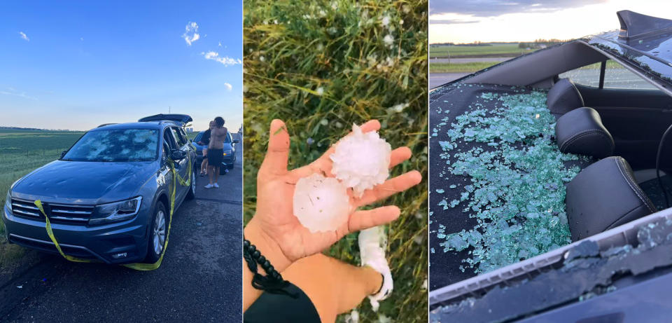 Car with hail damage after storm; man's hands holding hail stones; smashed back windscreen