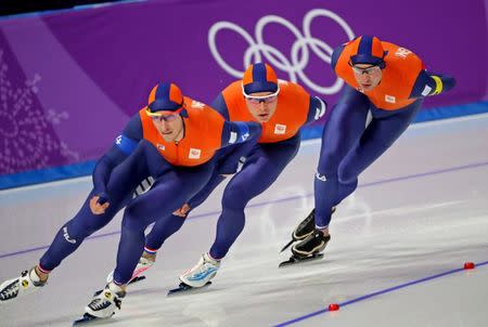 Feb 18, 2018; Pyeongchang, South Korea; Jan Blokhuijsen (NED), Sven Kramer (NED) and Koen Verweij (NED) in the mens speed skating team pursuit 8 laps quarterfinal during the Pyeongchang 2018 Olympic Winter Games at Gangneung Ice Arena. Mandatory Credit: Mark Hoffman-USA TODAY Sports