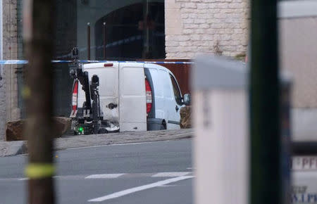 A white van is seen as Belgian police sealed off an area of central Brussels on Thursday while bomb disposal experts checked a vehicle carrying gas bottles, a police spokeswoman told local media, in Brussels, Belgium, March 2, 2017. REUTERS/Marc Baert