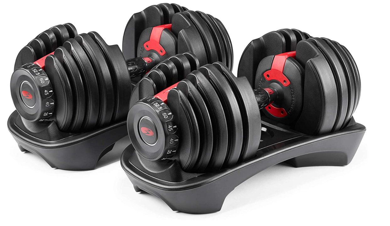 The Bowflex SelectTech 552 Adjustable Dumbbells also connects to an app to build customized workouts. (Photo by Amazon)