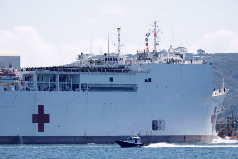 The USNS Mercy, a Navy hospital ship, departs the Naval Station San Diego