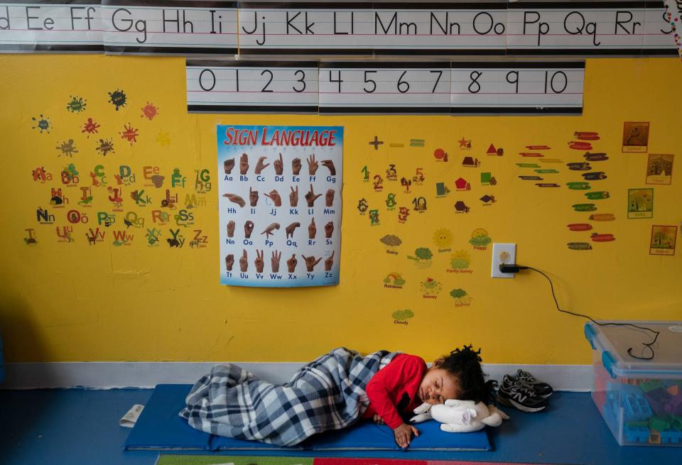 Amari Cason, 4, settles in for a nap after lunch at the School of Purpose in Detroit on Wednesday, March 20, 2024.