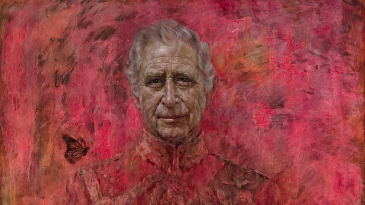  A crop of the first official portrait of King Charles III, showing his face. 